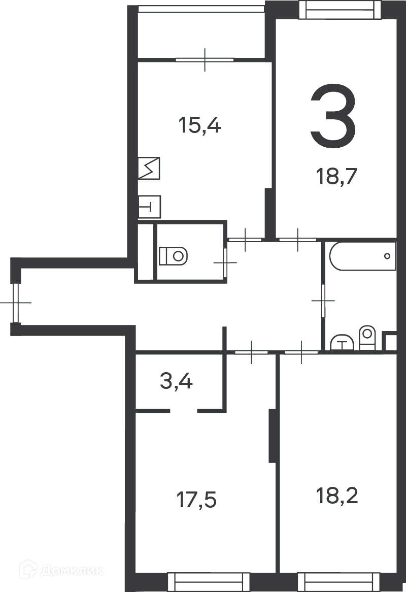 Планировка 3-комн. в ЖК «Клинская ул., д. 2А, к. 7 (Московские кварталы)»