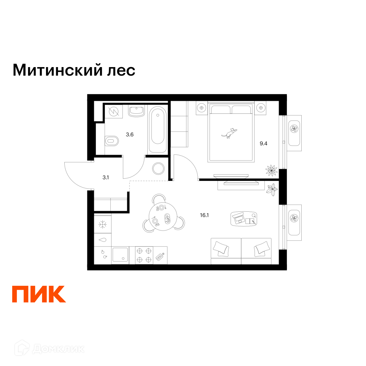 Планировка 1-комн. в ЖК «Митинский лес»