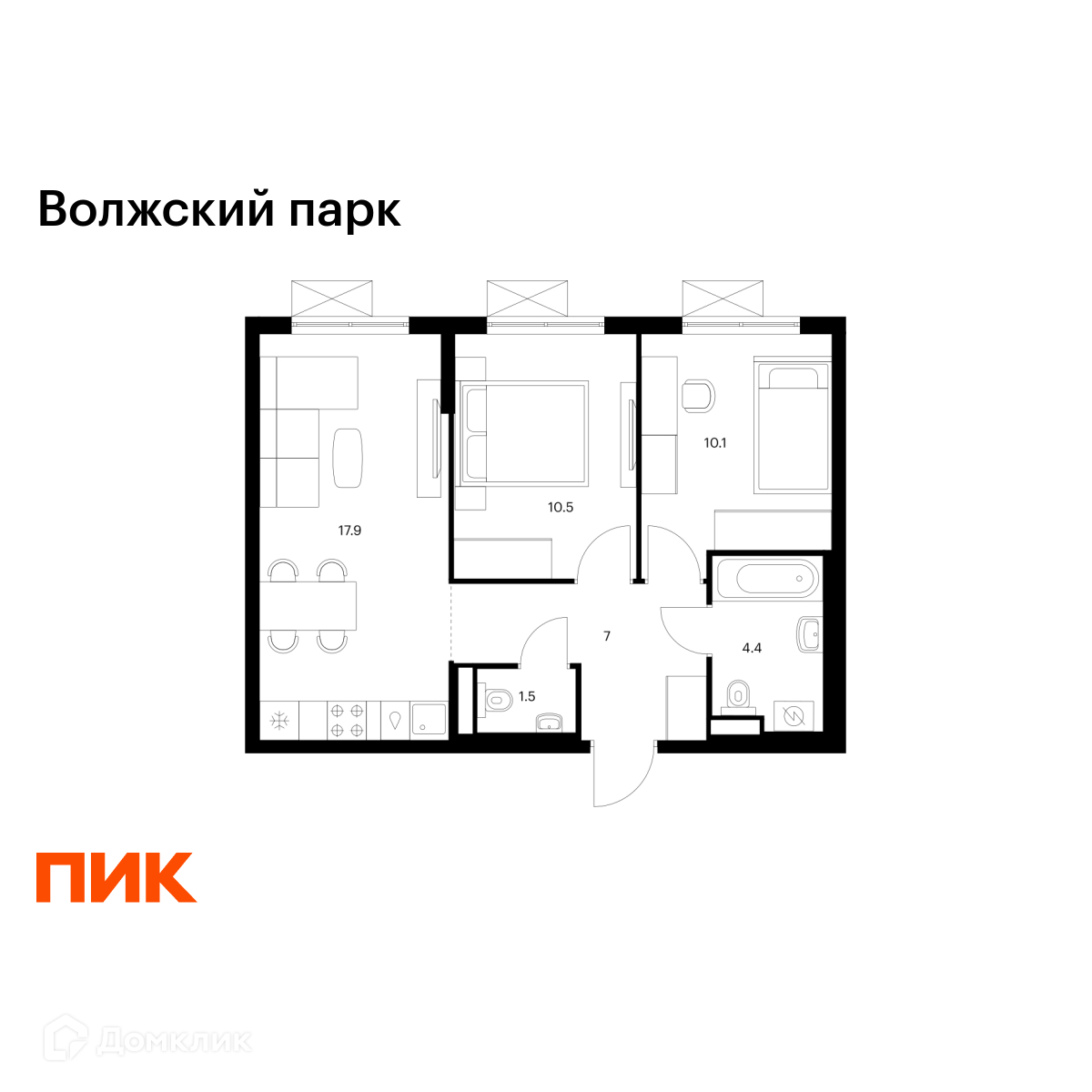 Планировка 2-комн. в ЖК «Волжский парк»