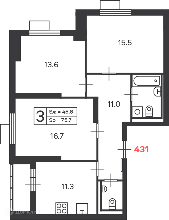 Планировка 3-комн. в ЖК «Дмитровское шоссе 89 (Московские кварталы)»
