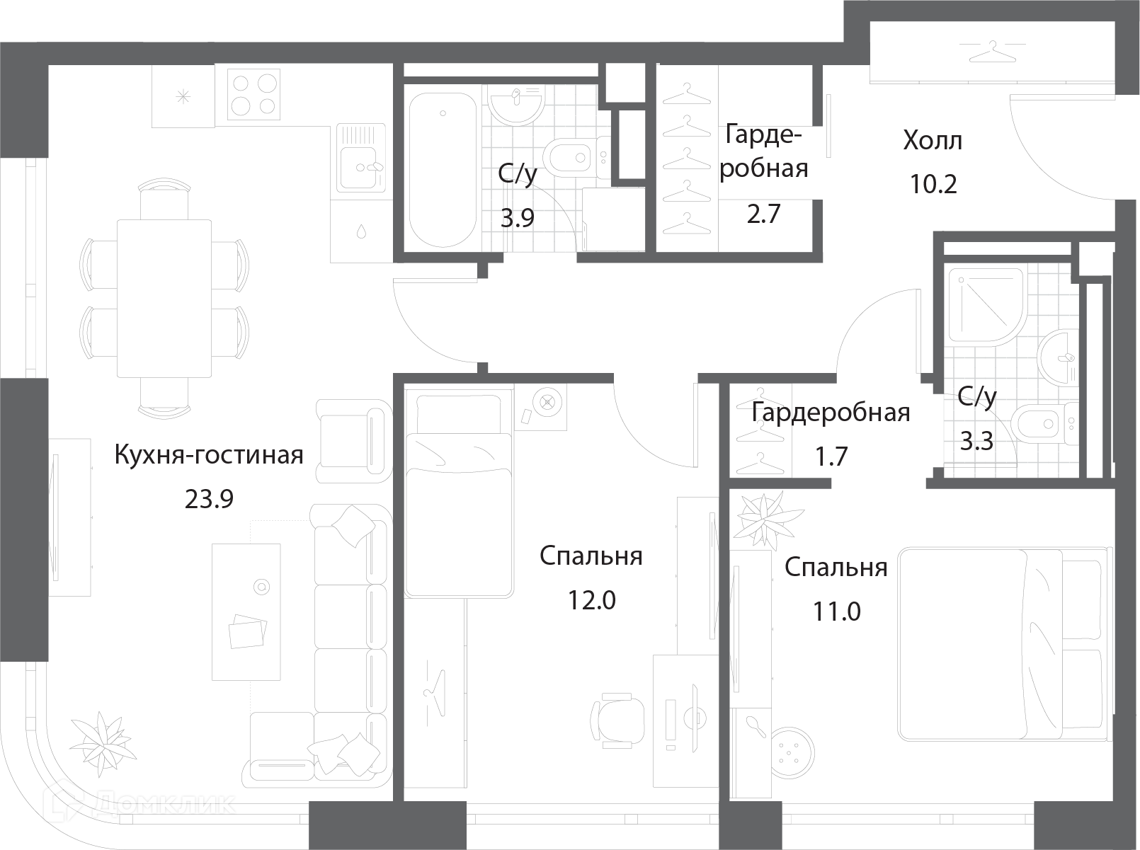 Планировка 2-комн. в ЖК «Нагатино Ай-Лэнд»