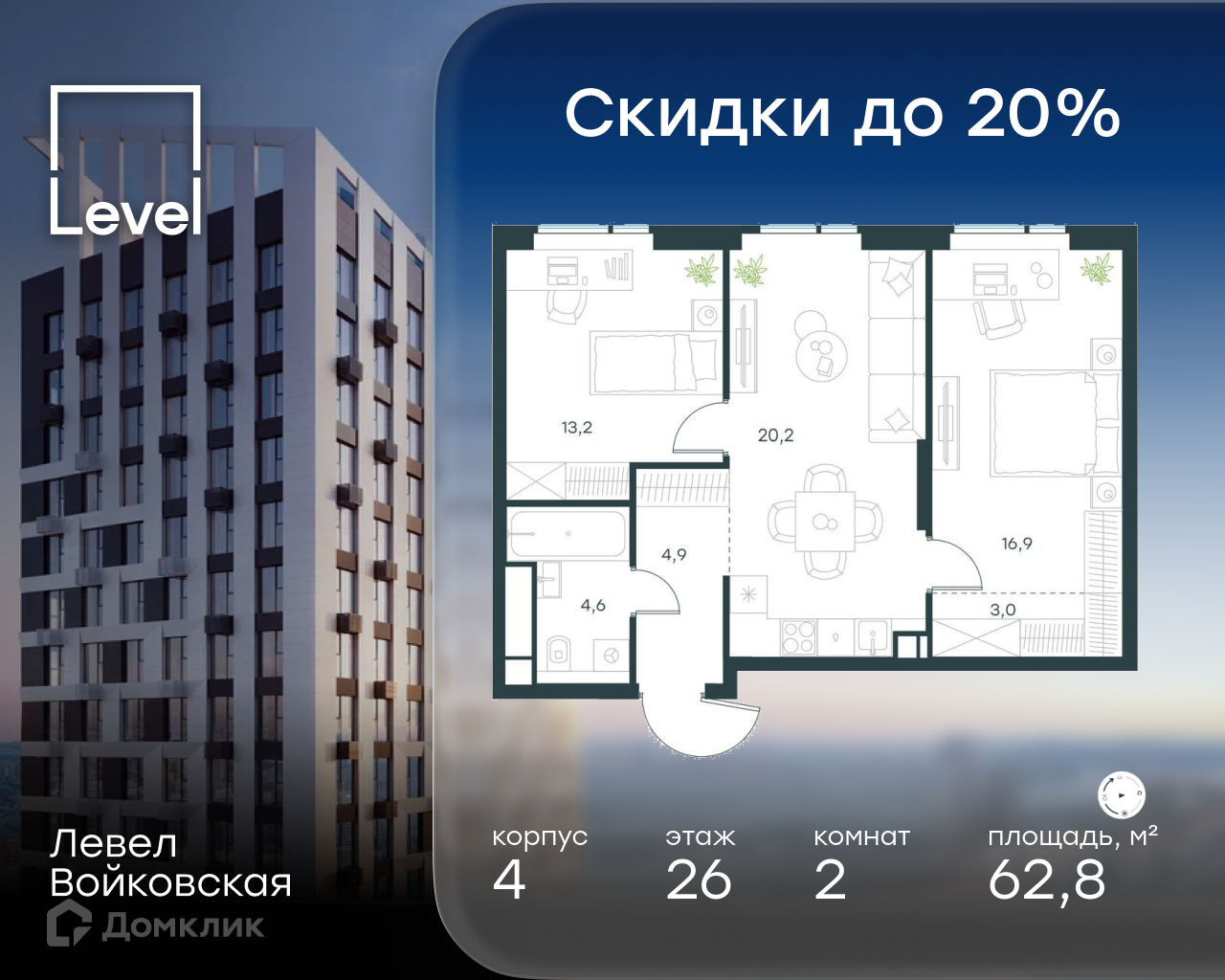 Планировка 2-комн. в ЖК «Левел Войковская»