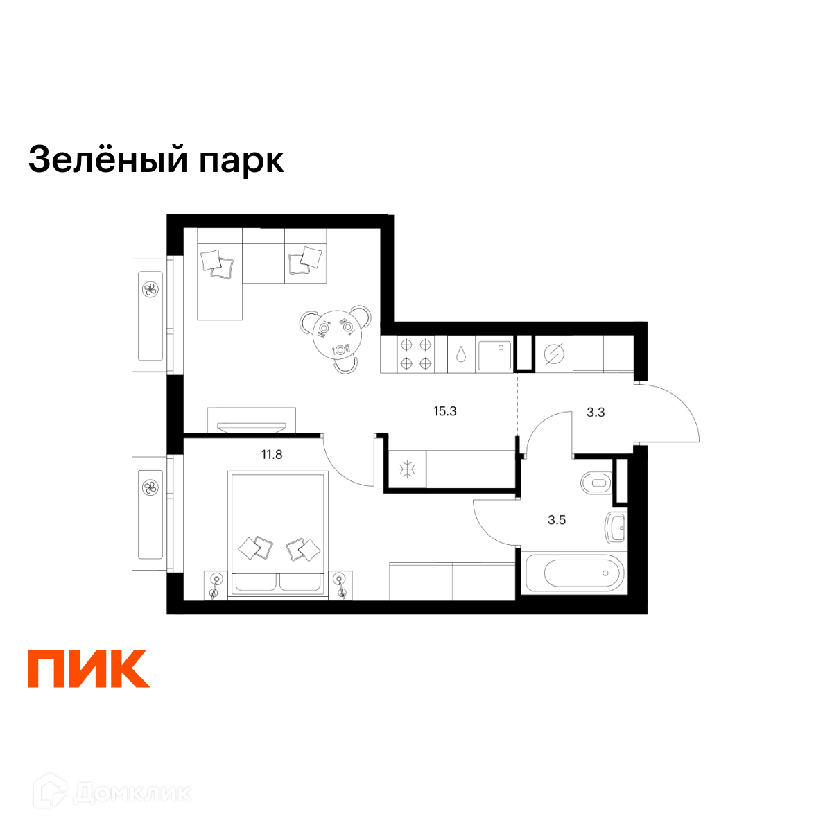 Планировка 1-комн. в ЖК «Зелёный парк»
