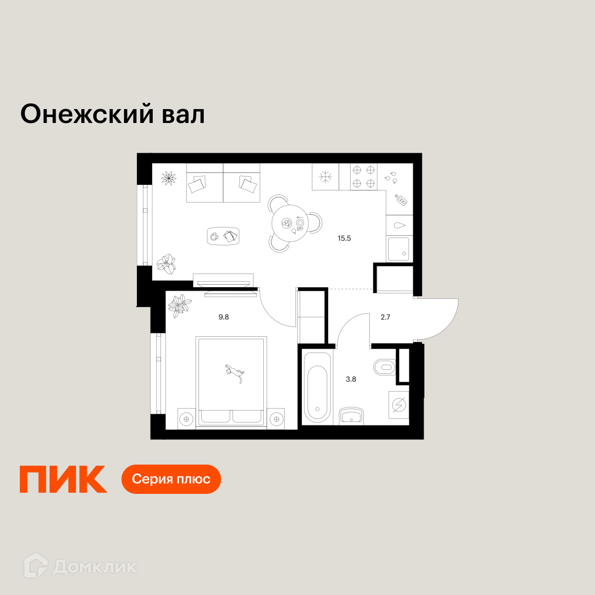 Планировка 1-комн. в ЖК «Онежский вал»