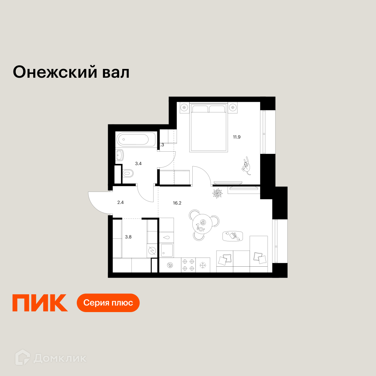 Планировка 1-комн. в ЖК «Онежский вал»