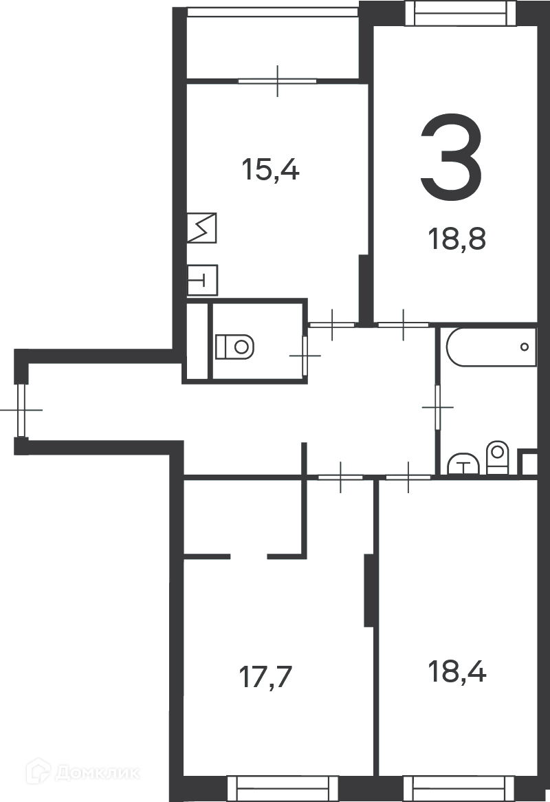 Планировка 3-комн. в ЖК «Клинская ул., д. 2А, к. 7 (Московские кварталы)»