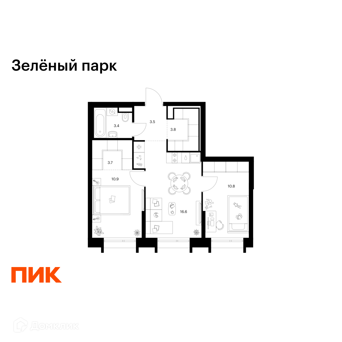 Планировка 2-комн. в ЖК «Зелёный парк»