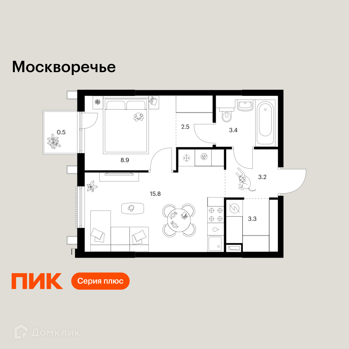 Планировка 1-комн. в ЖК «Москворечье»
