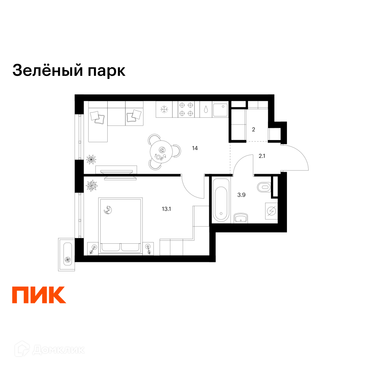 Планировка 1-комн. в ЖК «Зелёный парк»