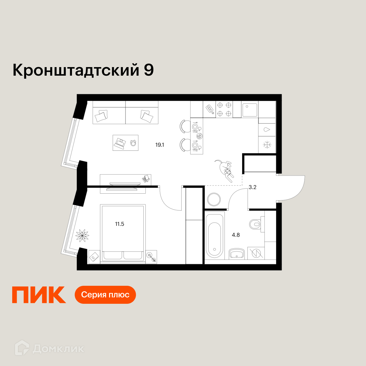 Планировка 1-комн. в ЖК «Кронштадтский 9»