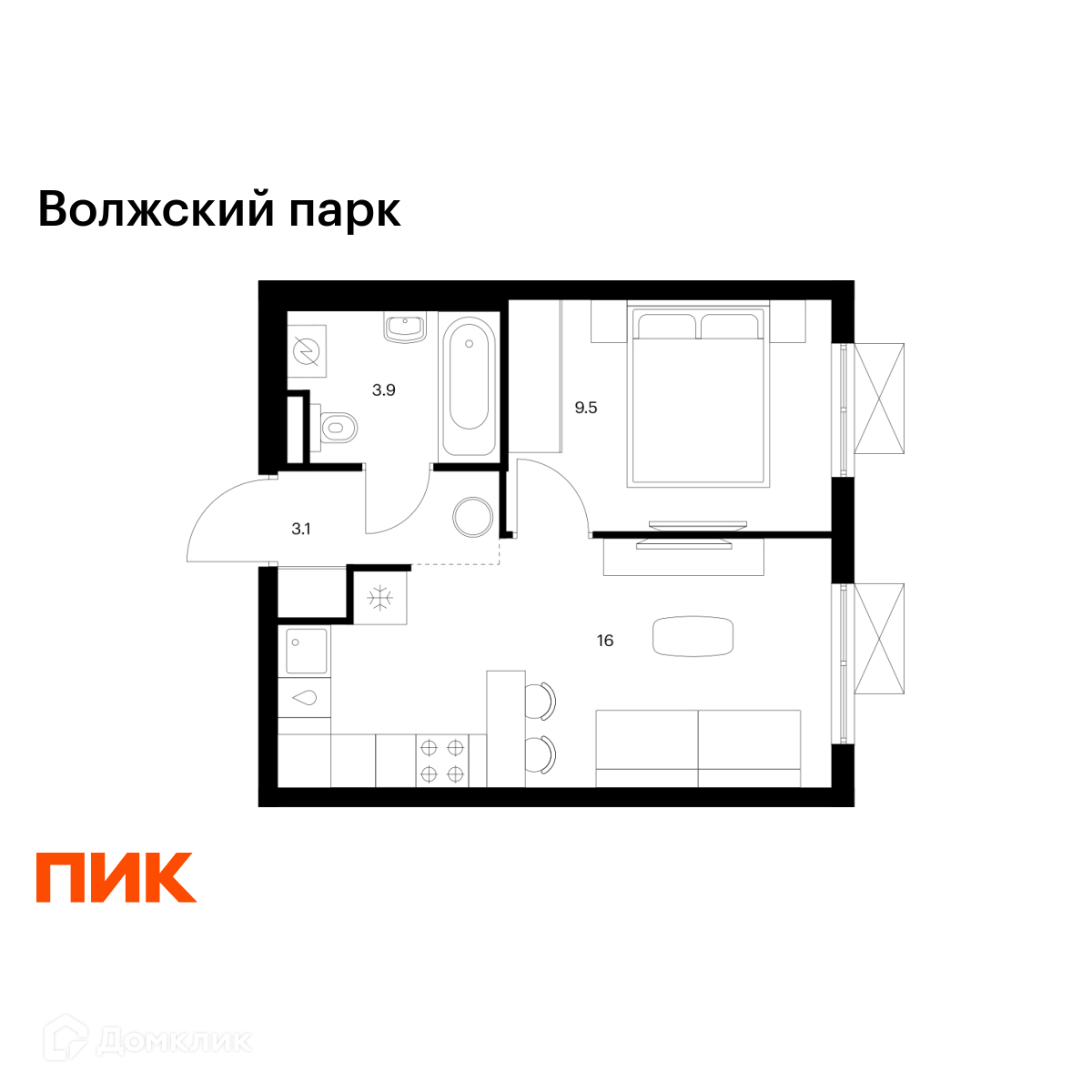 Планировка 1-комн. в ЖК «Волжский парк»