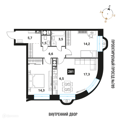 Планировка 3-комн. в ЖК «Интеллигент»