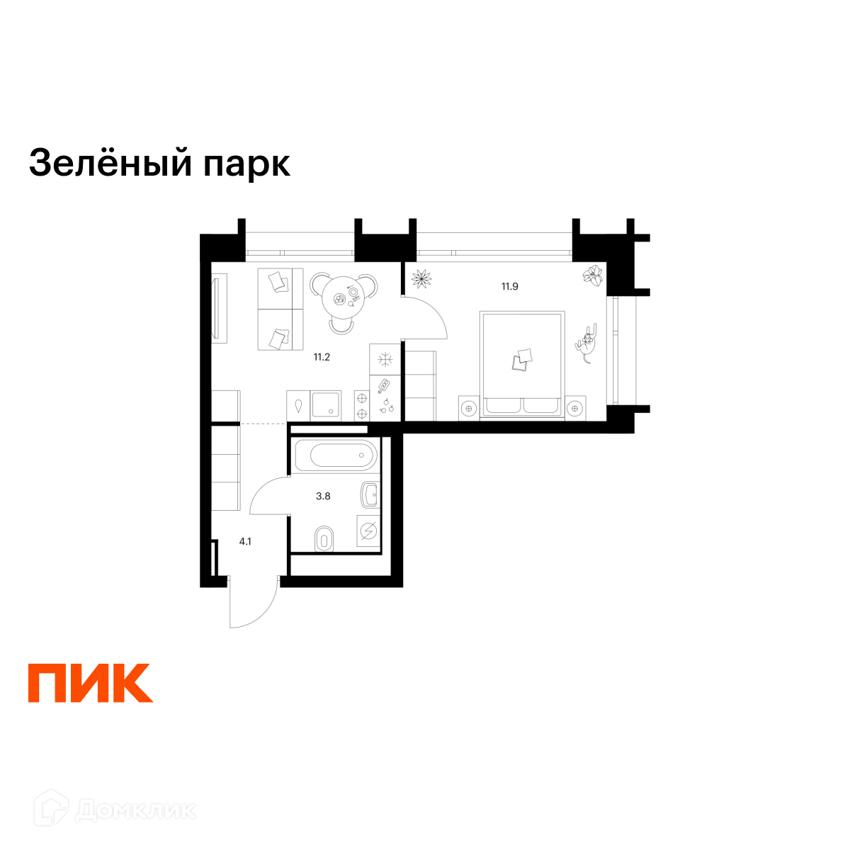 Планировка 1-комн. в ЖК «Зелёный парк»