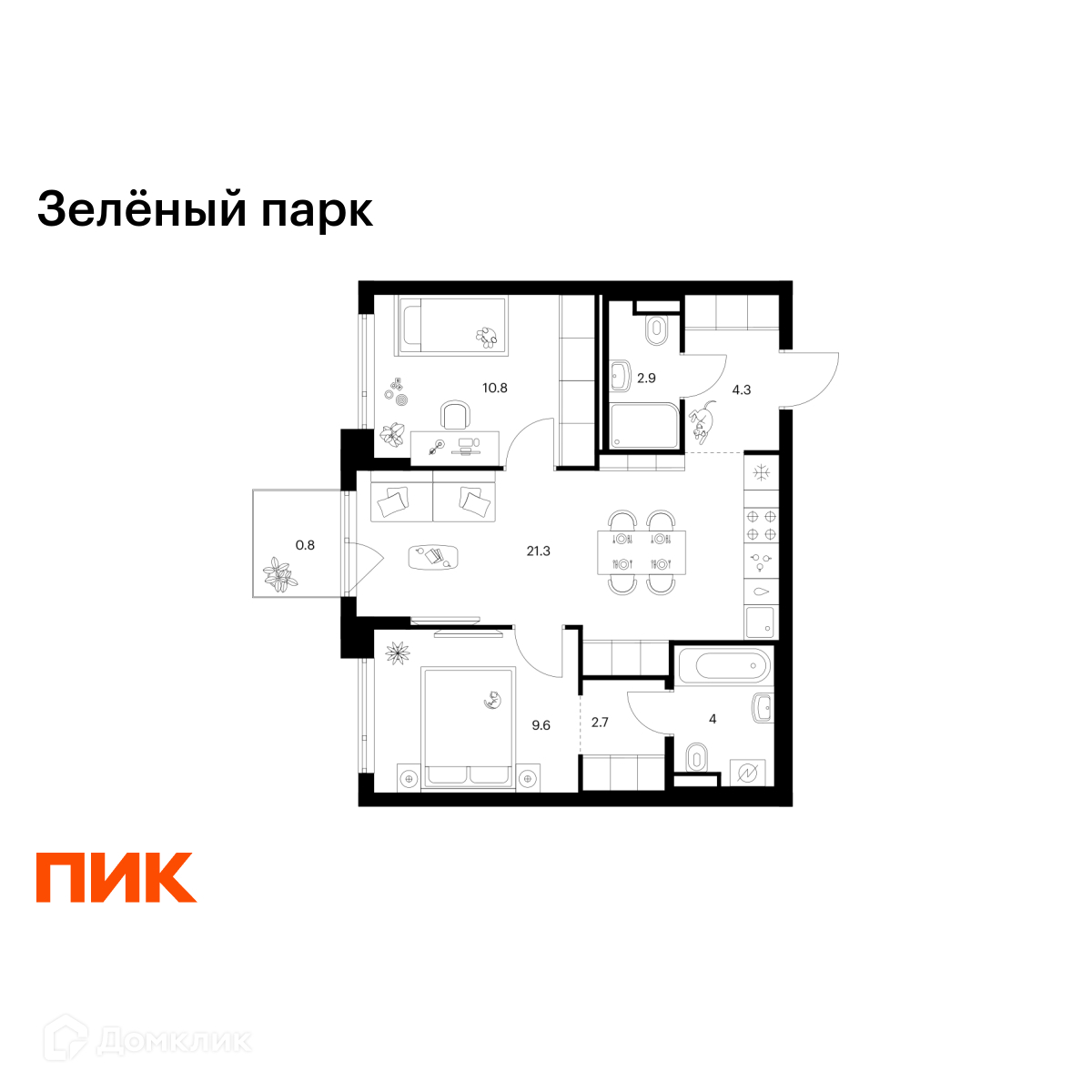 Планировка 2-комн. в ЖК «Зелёный парк»