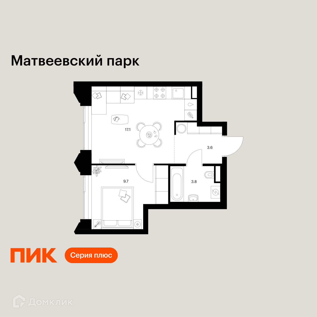Планировка 1-комн. в ЖК «Матвеевский парк»