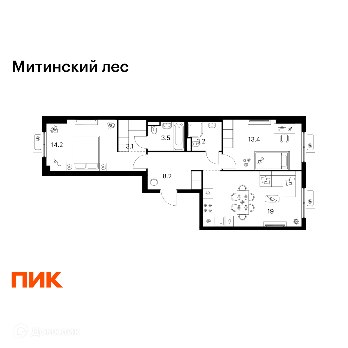 Планировка 2-комн. в ЖК «Митинский лес»