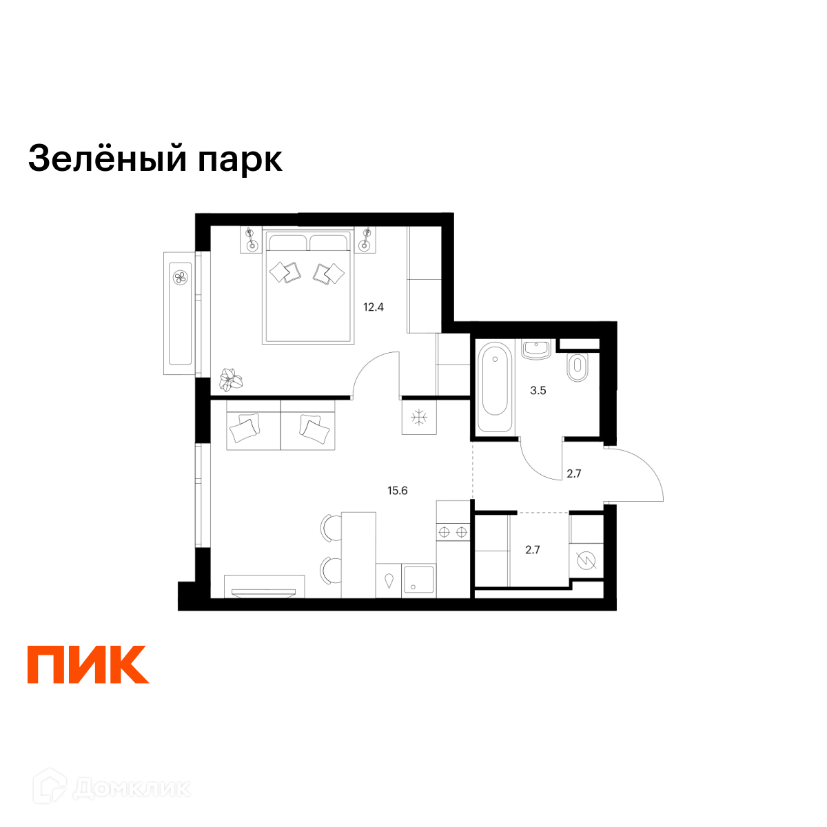 Планировка 1-комн. в ЖК «Зелёный парк»