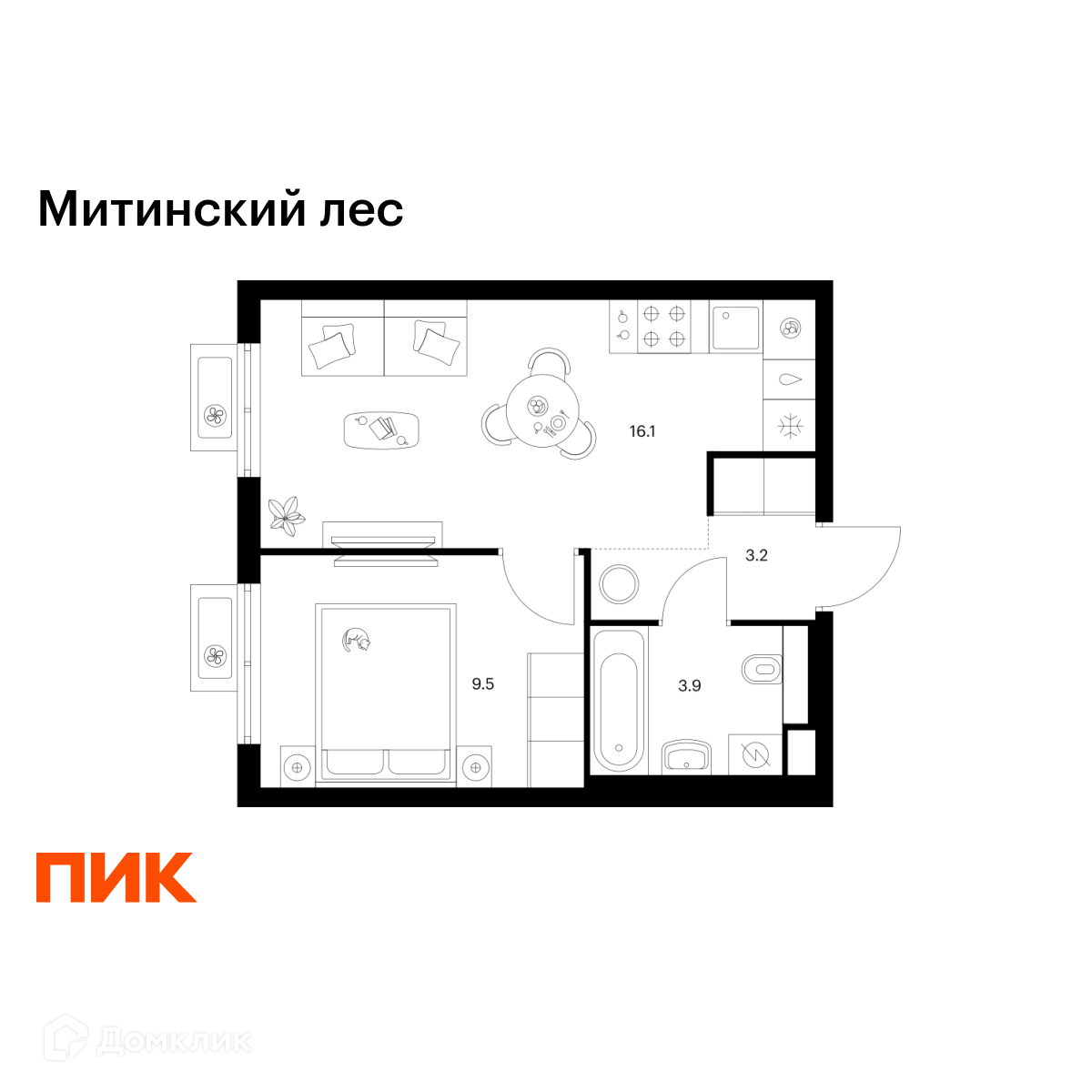 Планировка 1-комн. в ЖК «Митинский лес»