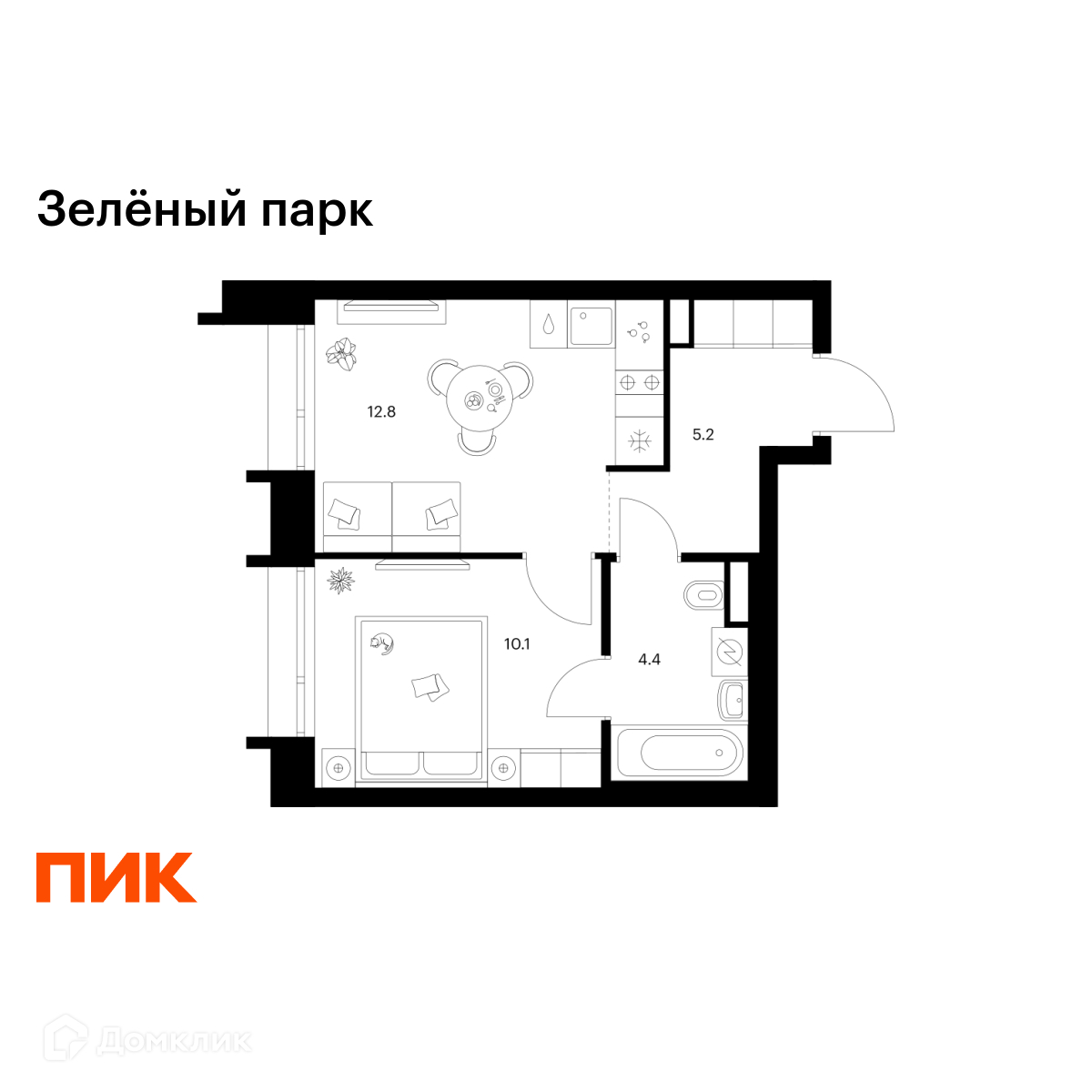 Планировка 1-комн. в ЖК «Зелёный парк»