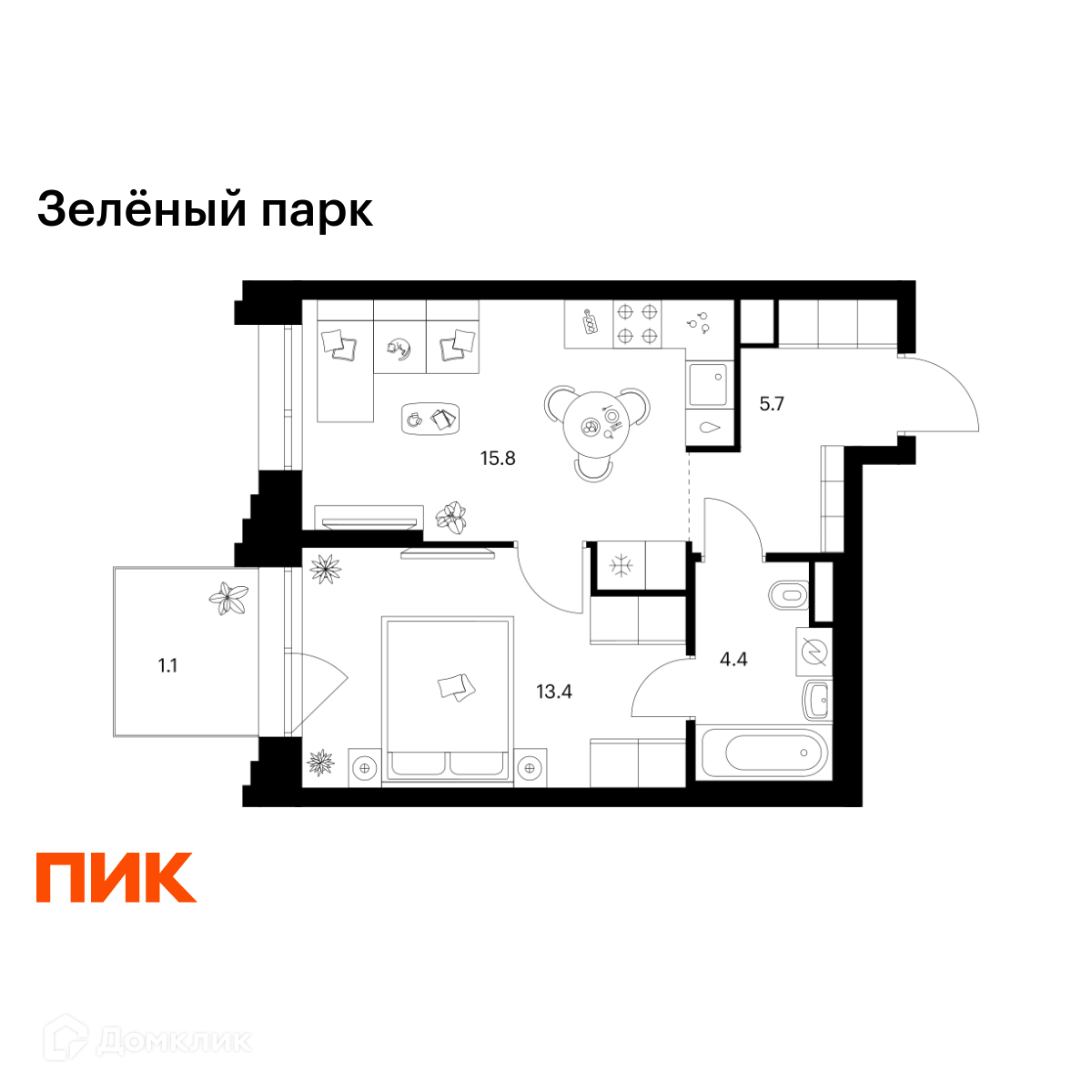 Планировка 1-комн. в ЖК «Зелёный парк»
