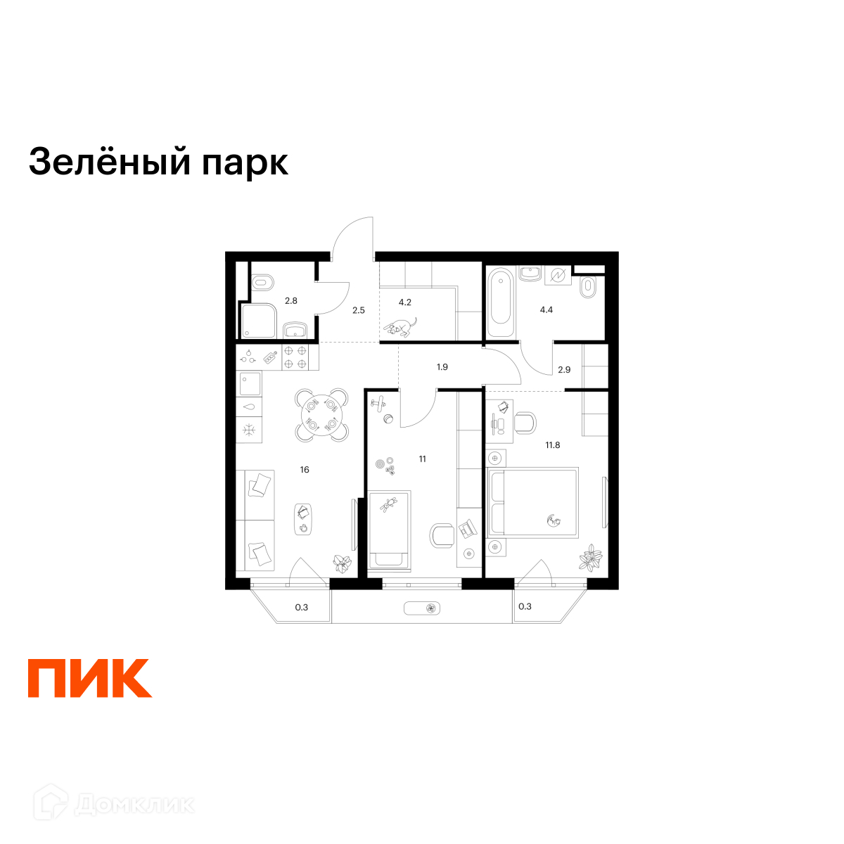 Планировка 2-комн. в ЖК «Зелёный парк»