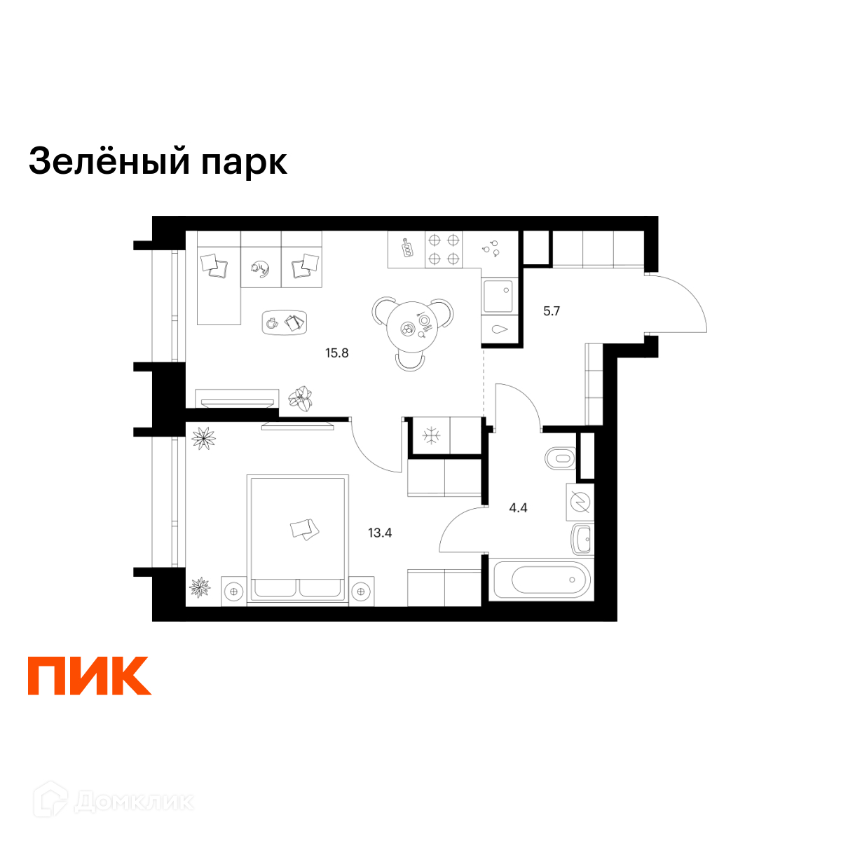 Планировка 1-комн. в ЖК «Зелёный парк»