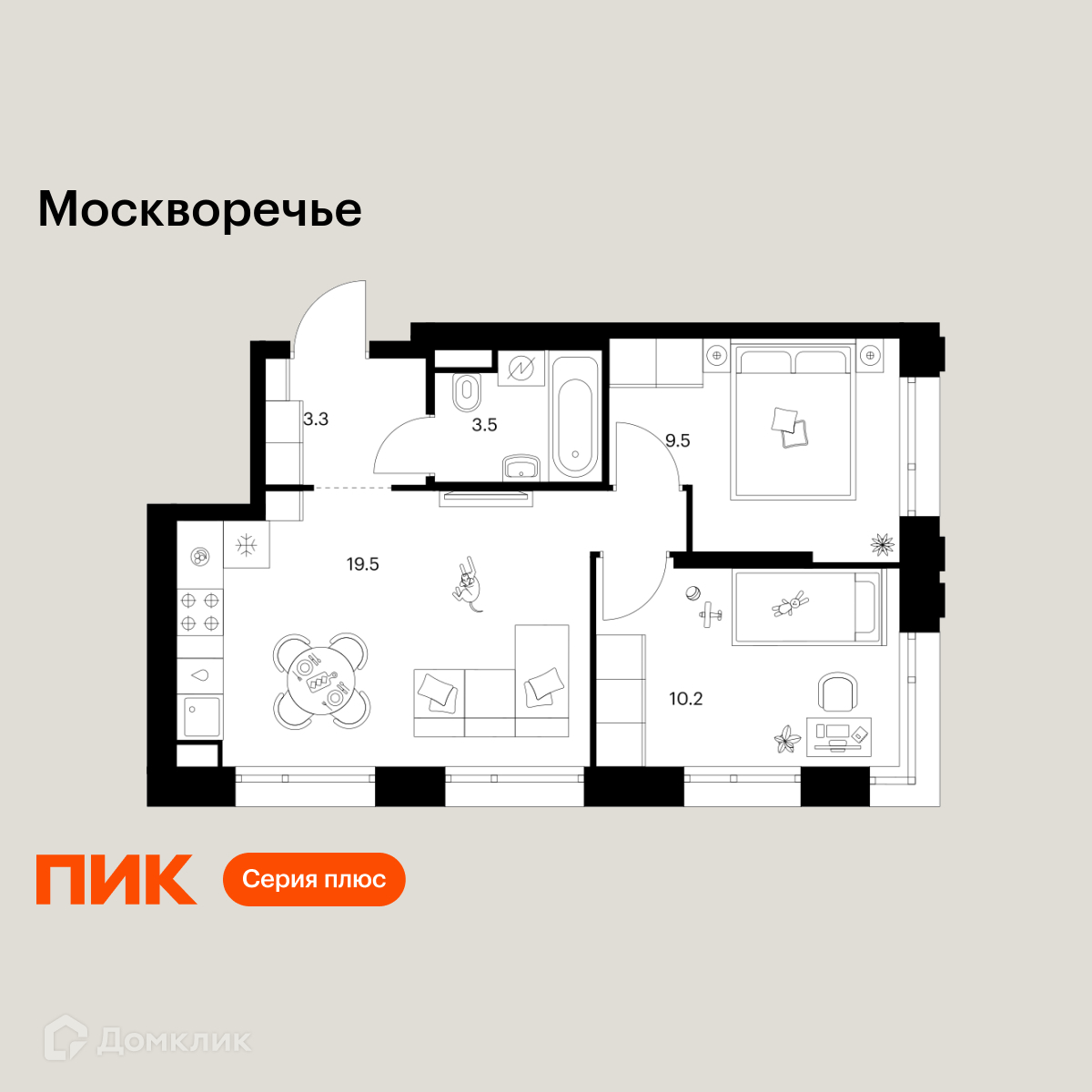 Планировка 2-комн. в ЖК «Москворечье»
