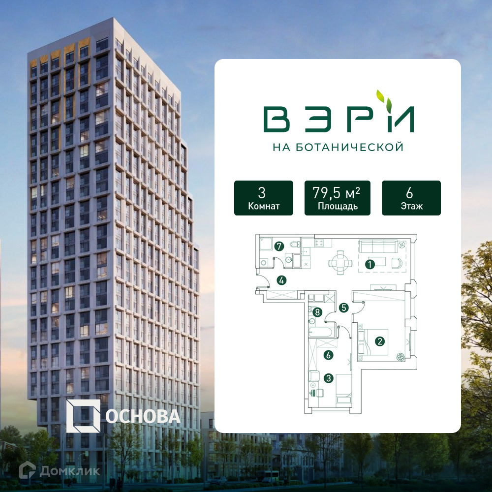 Планировка 3-комн. в ЖК «Вэри на Ботанической»