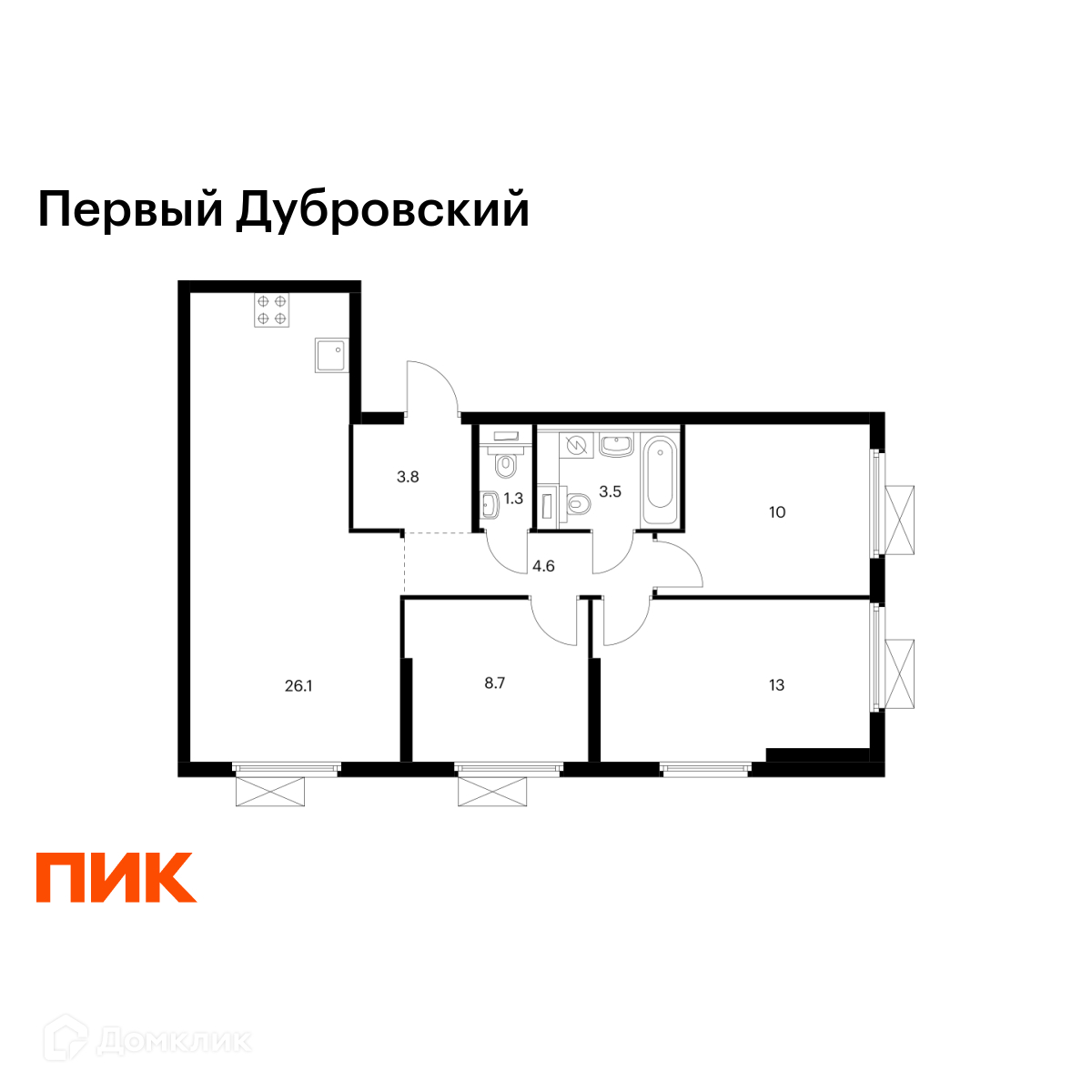 Планировка 3-комн. в ЖК «Первый Дубровский»