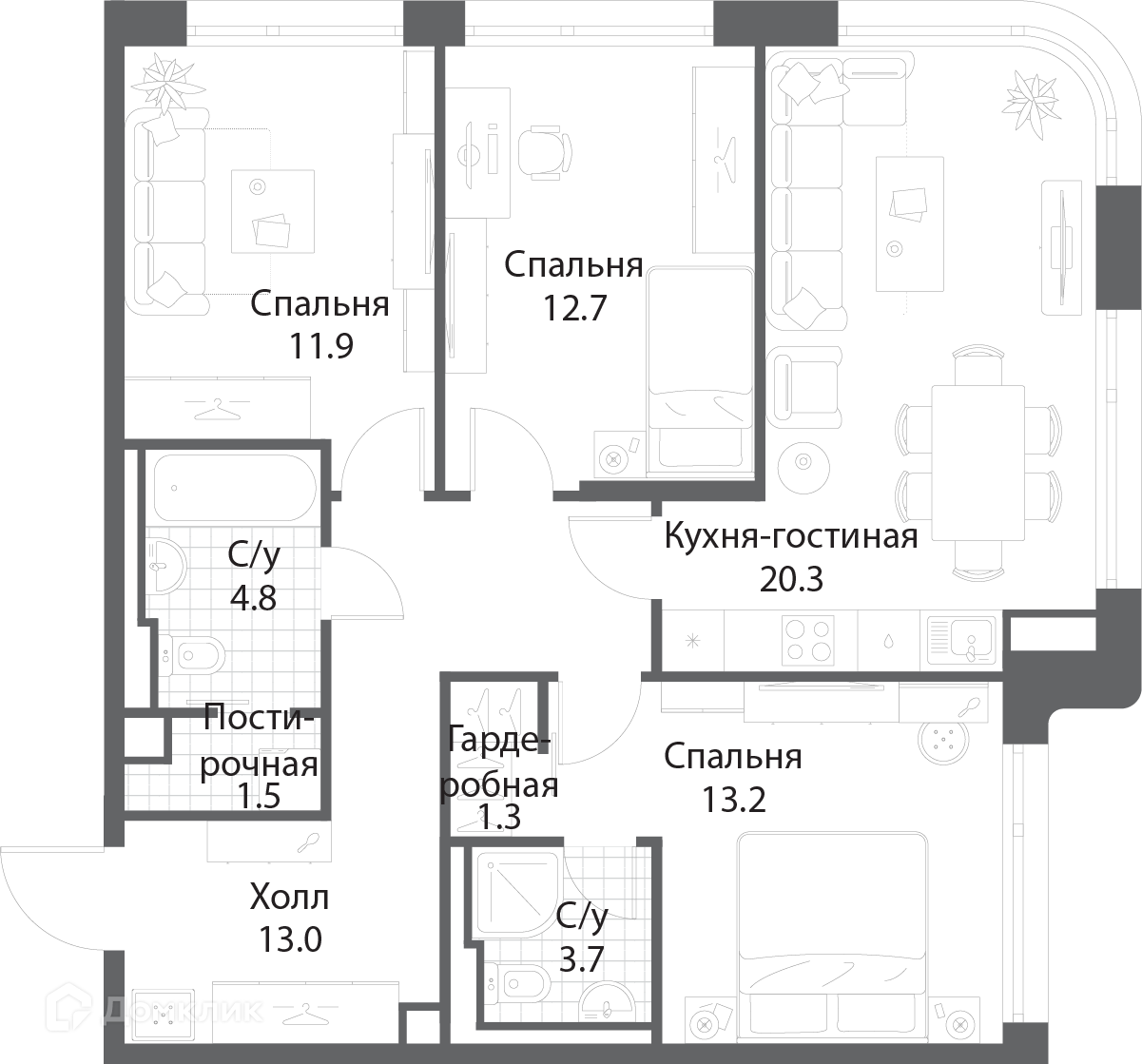 Планировка 3-комн. в ЖК «Нагатино Ай-Лэнд»