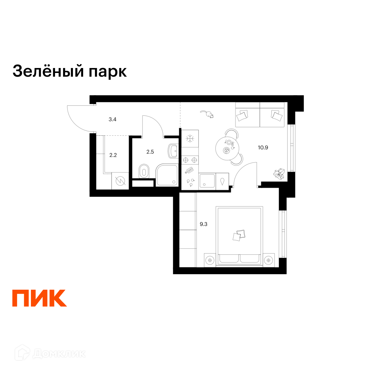 Планировка 1-комн. в ЖК «Зелёный парк»