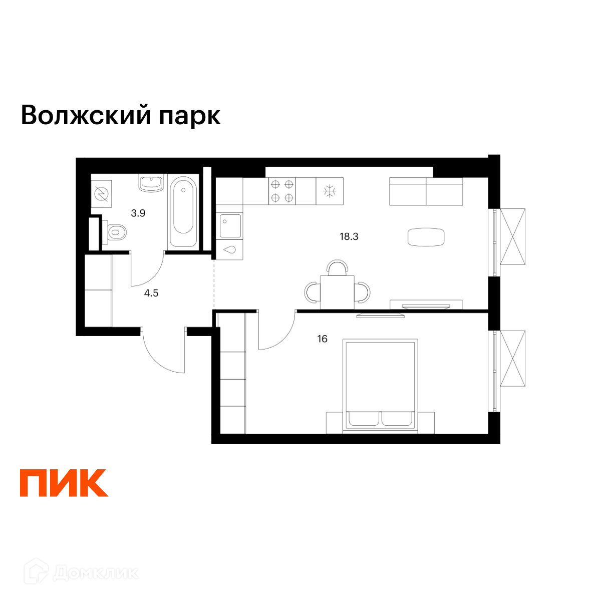 Планировка 1-комн. в ЖК «Волжский парк»