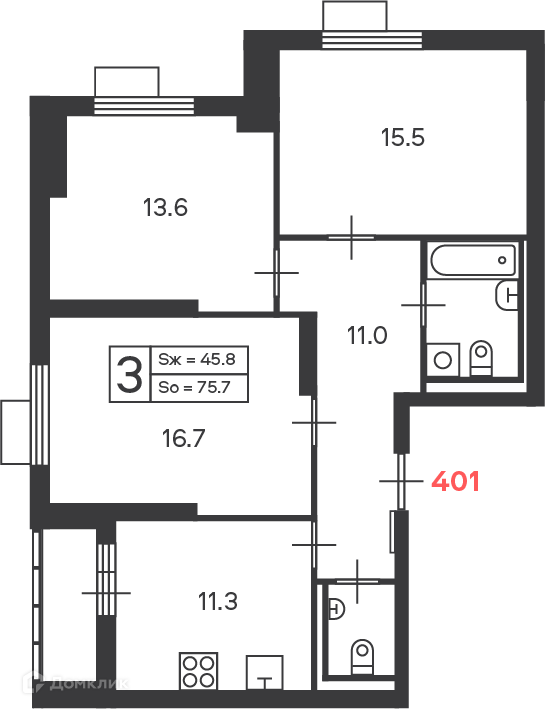 Планировка 3-комн. в ЖК «Дмитровское шоссе 89 (Московские кварталы)»