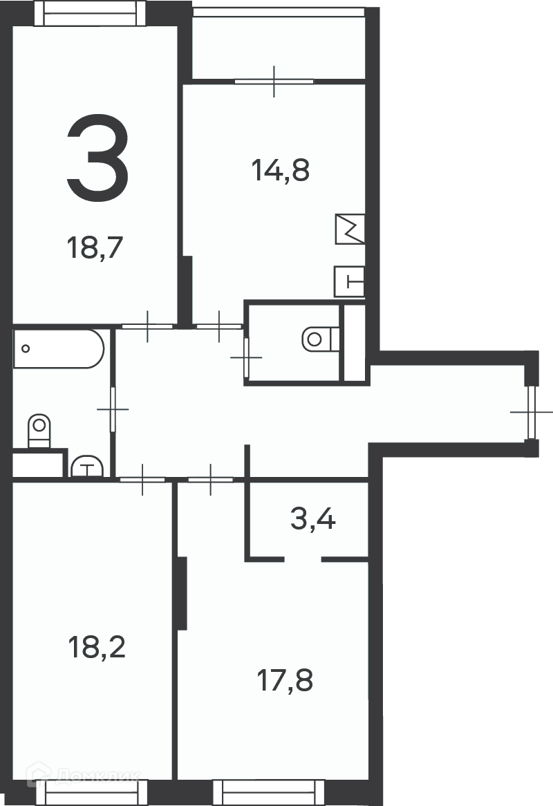 Планировка 3-комн. в ЖК «Клинская ул., д. 2А, к. 7 (Московские кварталы)»