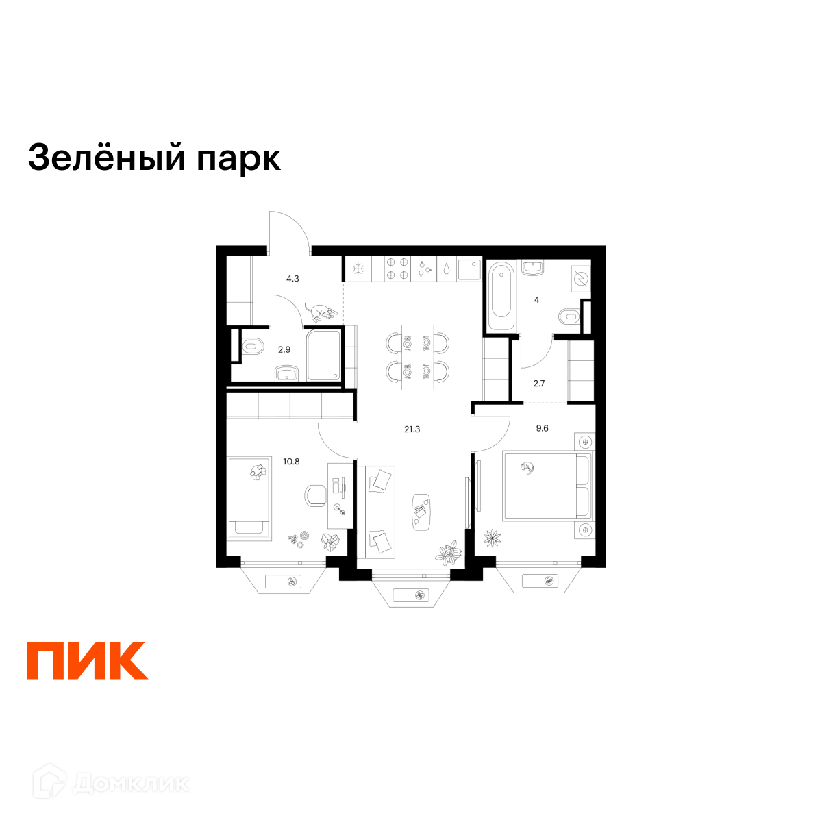 Планировка 2-комн. в ЖК «Зелёный парк»