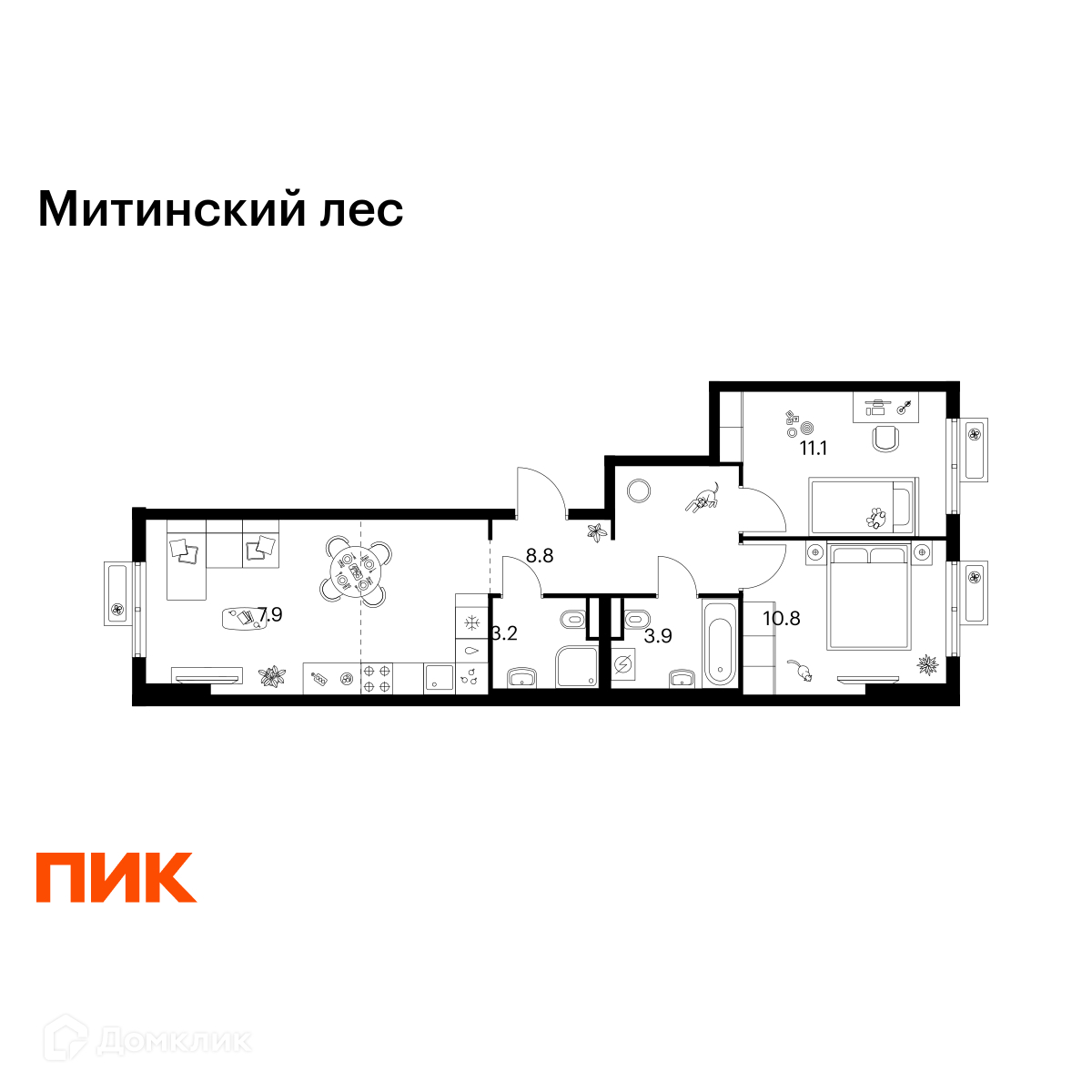 Планировка 3-комн. в ЖК «Митинский лес»