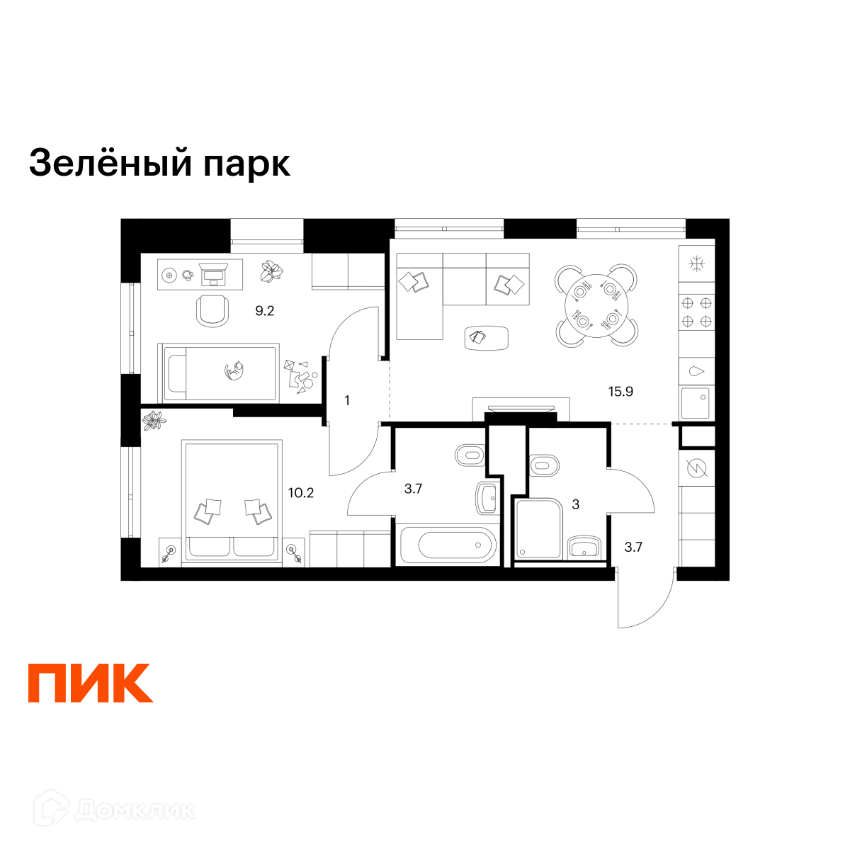 Планировка 2-комн. в ЖК «Зелёный парк»