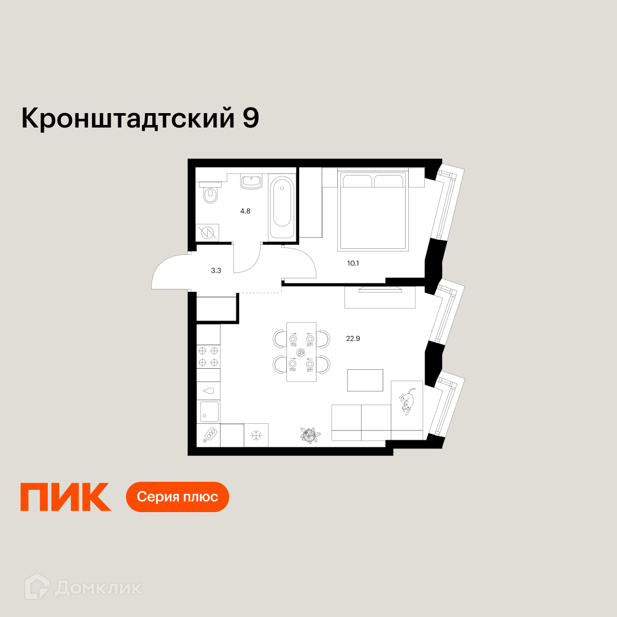 Планировка 1-комн. в ЖК «Кронштадтский 9»