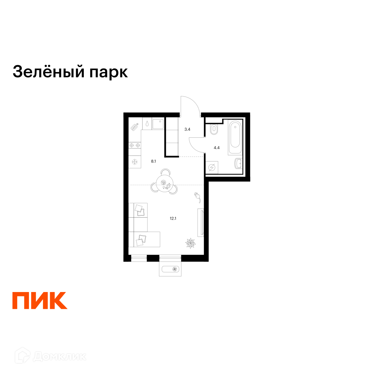 Планировка 1-комн. в ЖК «Зелёный парк»