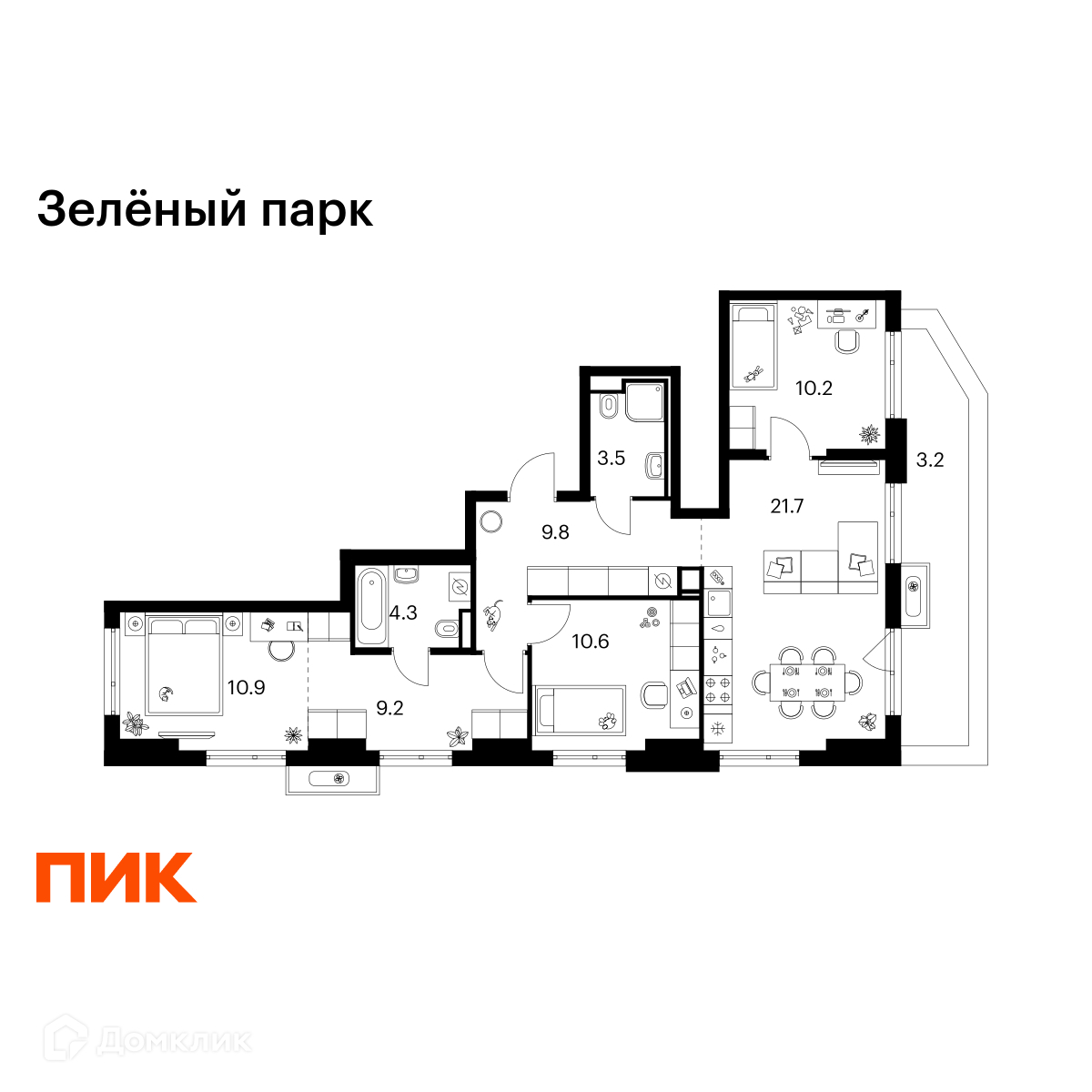 Планировка 3-комн. в ЖК «Зелёный парк»