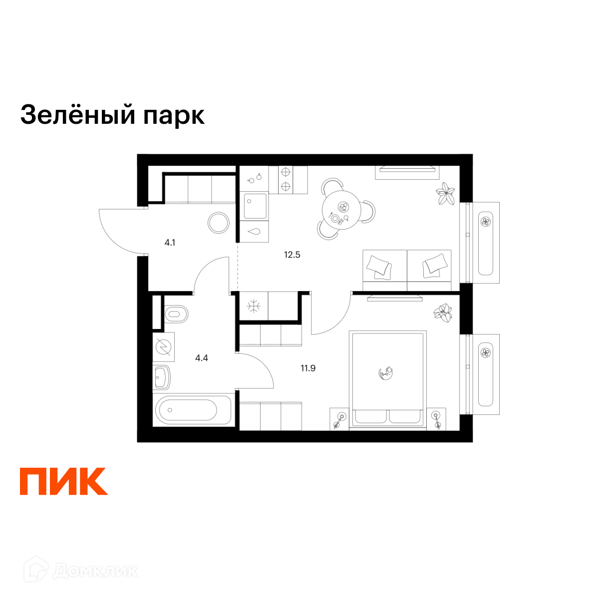 Планировка 1-комн. в ЖК «Зелёный парк»