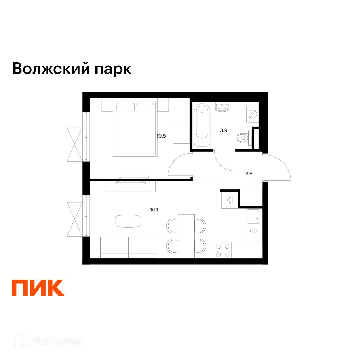 Планировка 1-комн. в ЖК «Волжский парк»