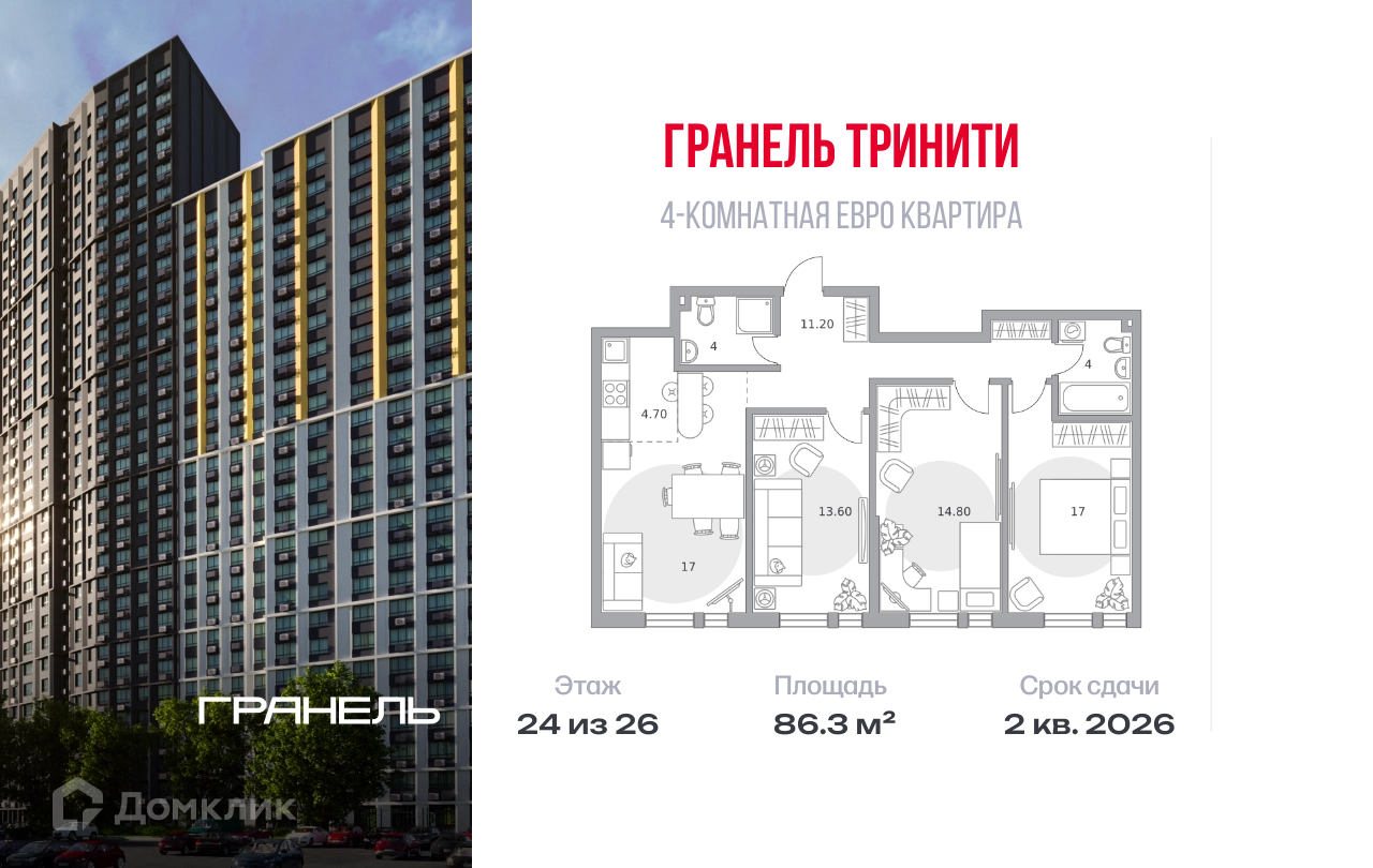 Планировка 4-комн. в ЖК «Гранель Тринити»