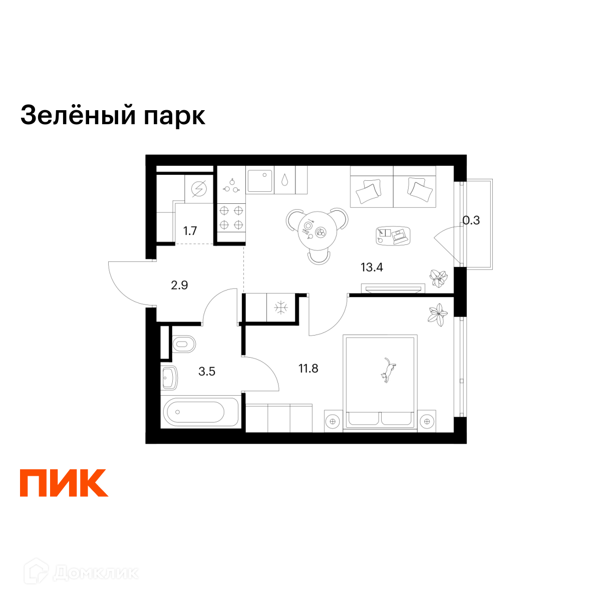 Планировка 1-комн. в ЖК «Зелёный парк»