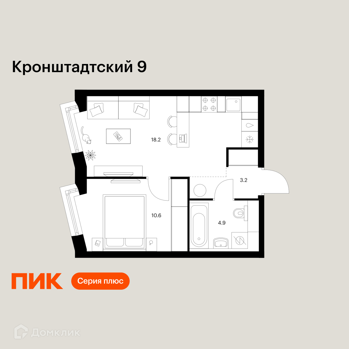 Планировка 1-комн. в ЖК «Кронштадтский 9»