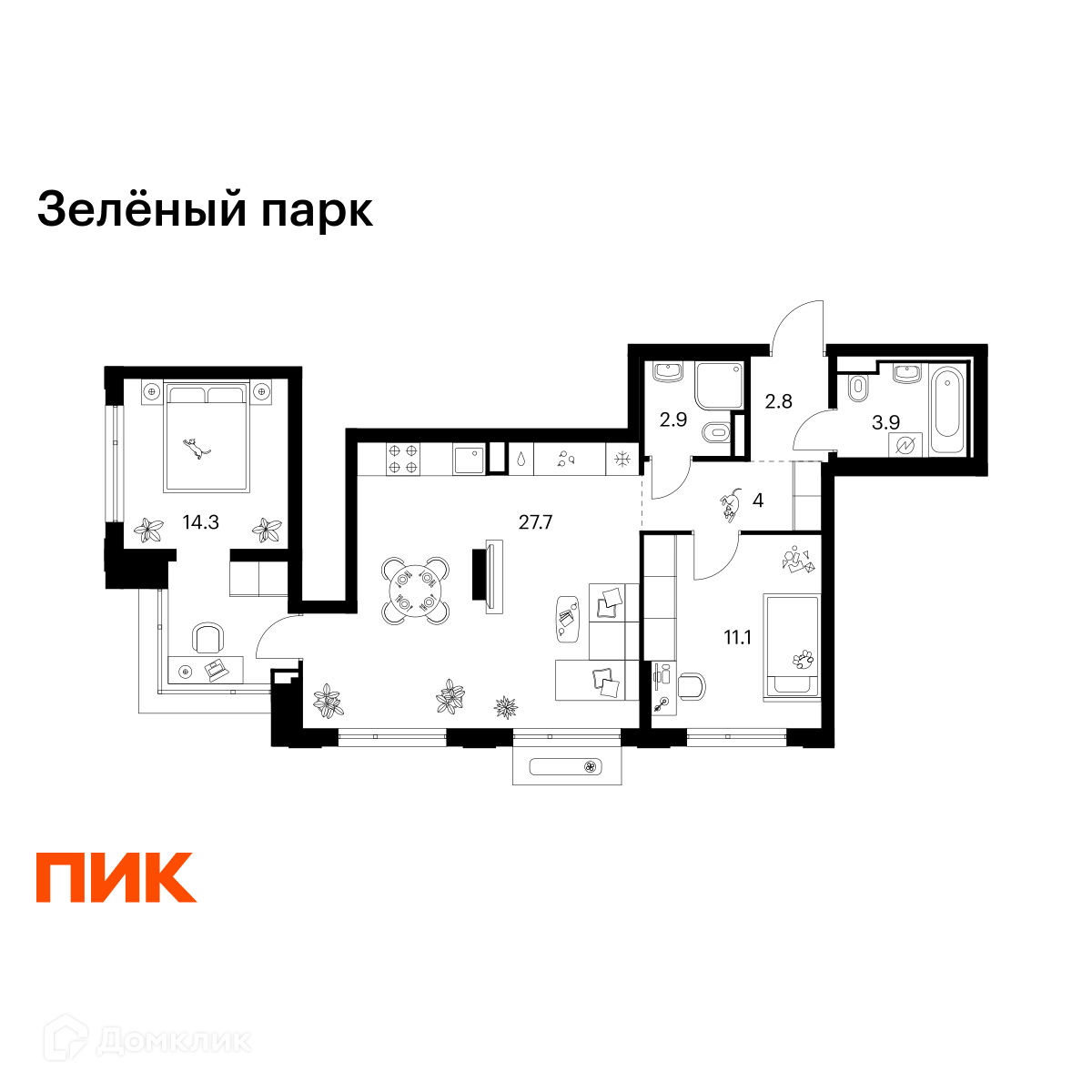 Планировка 2-комн. в ЖК «Зелёный парк»