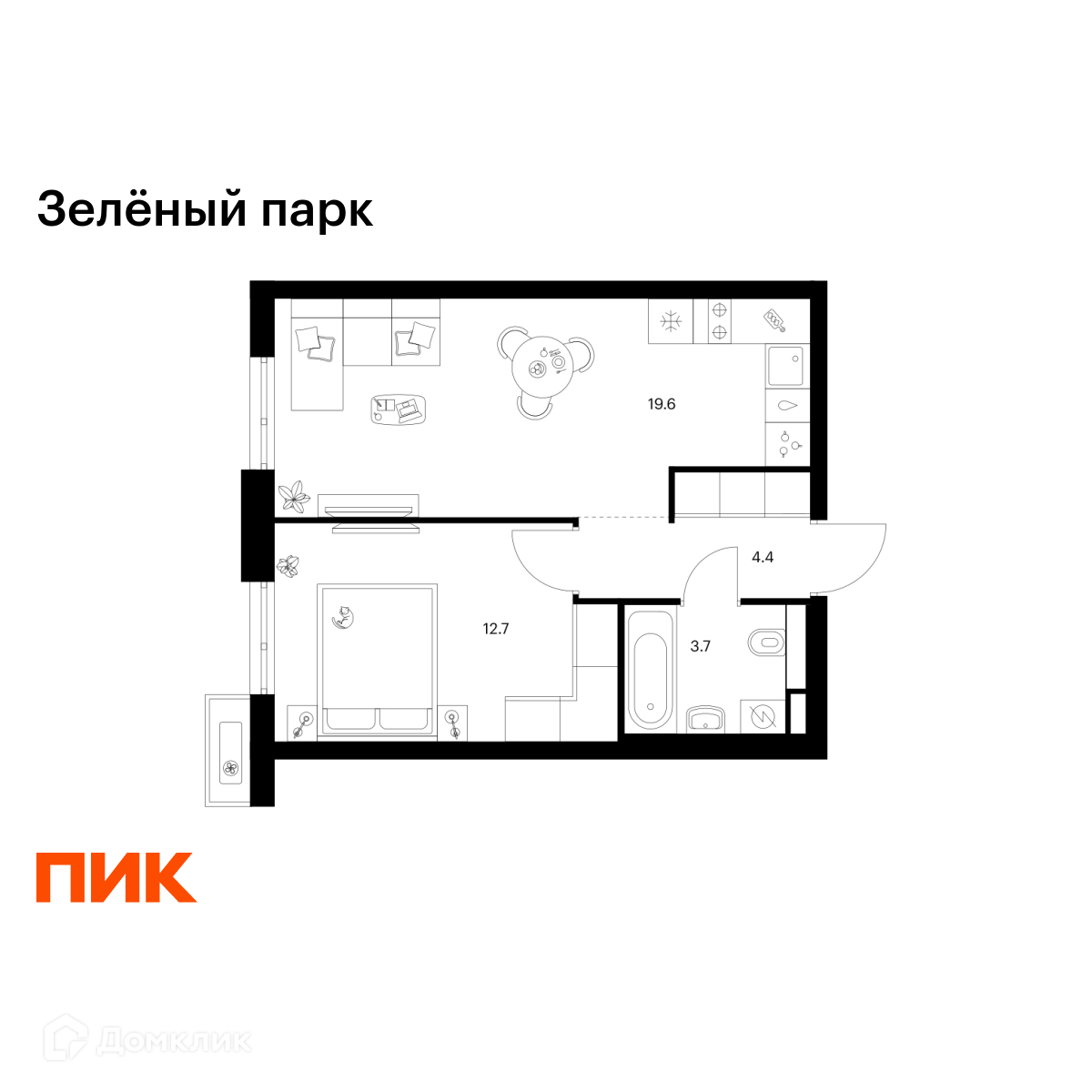 Планировка 1-комн. в ЖК «Зелёный парк»