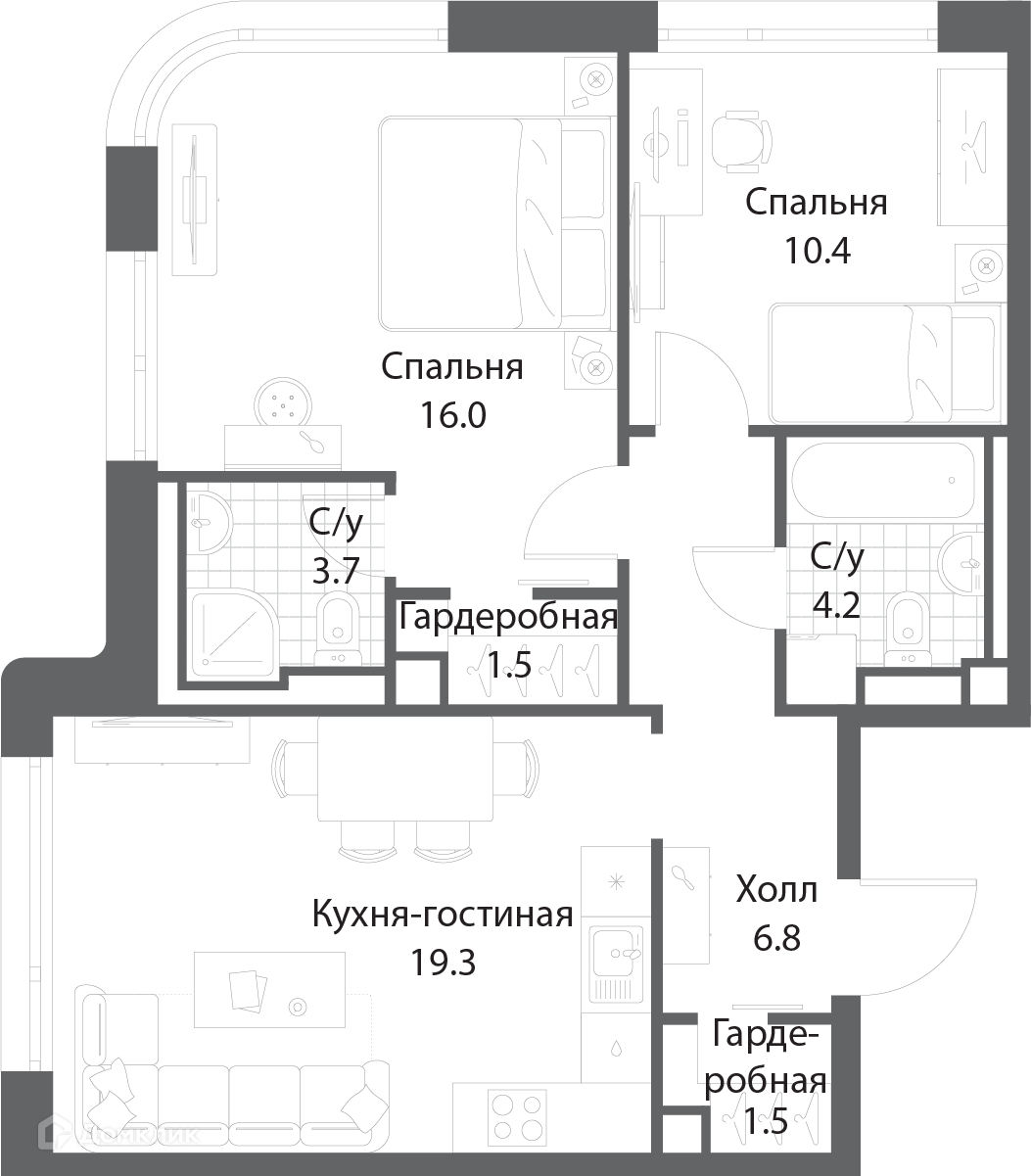 Планировка 2-комн. в ЖК «Нагатино Ай-Лэнд»