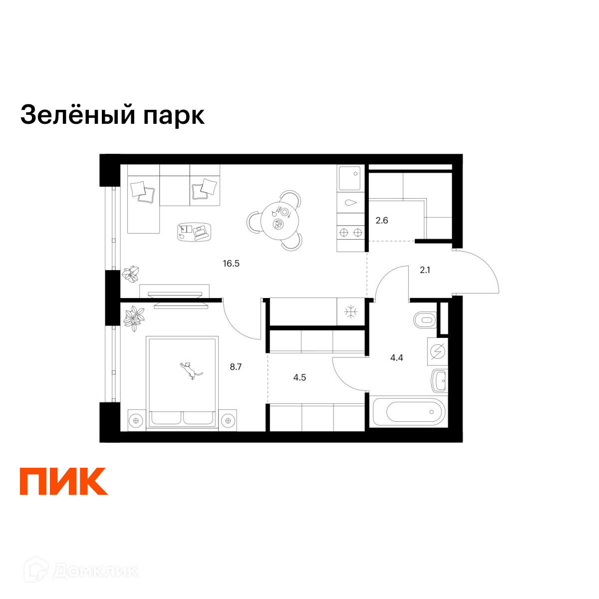 Планировка 1-комн. в ЖК «Зелёный парк»