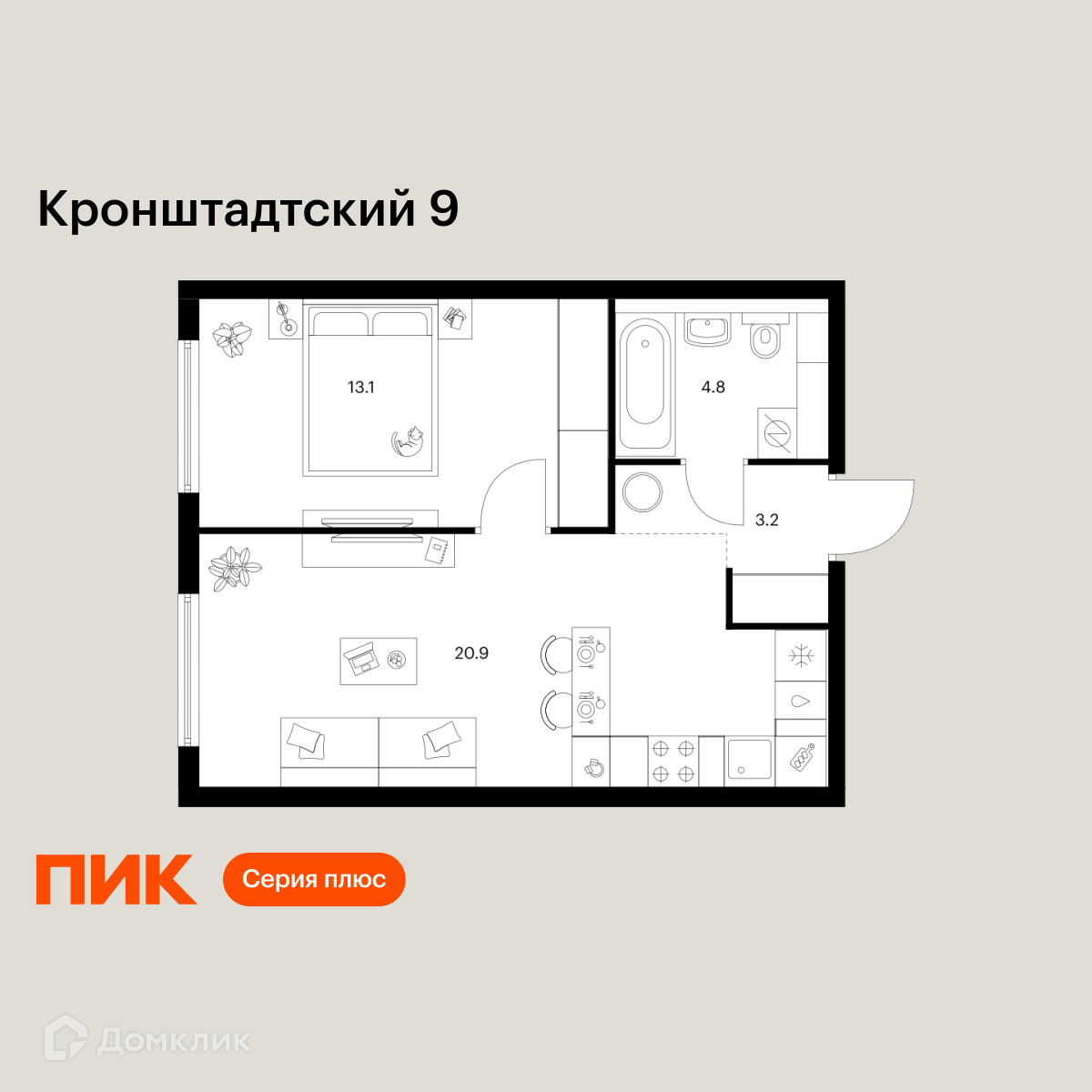 Планировка 1-комн. в ЖК «Кронштадтский 9»